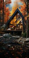 triangular quadro, Armação casa dentro a outono floresta. pré-fabricado estruturas pedra. generativo ai foto