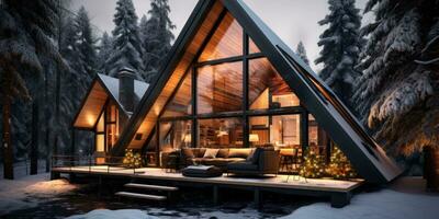 triangular quadro, Armação casa dentro a inverno floresta perto a lago. generativo ai foto