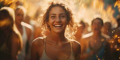 jovem mulher é tendo Diversão com dela amigos. festa seletivo foco. generativo ai foto