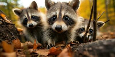 muitos do engraçado guaxinins dentro a outono floresta. animal mundo. generativo ai foto