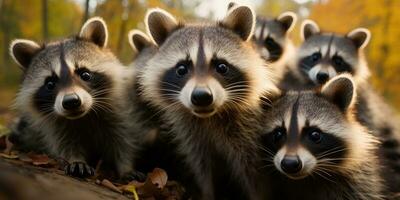 muitos do engraçado guaxinins dentro a outono floresta. animal mundo. generativo ai foto