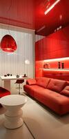 Projeto do uma moderno apartamento dentro vermelho tons, cozinha e vivo sala. generativo ai foto