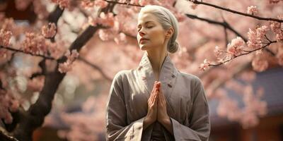 a ásia mulher dentro quimono ora debaixo uma floração árvore. oração. generativo ai foto