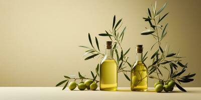 Oliva óleo dentro uma garrafa em a mesa, com verde galhos e azeitonas. generativo ai foto