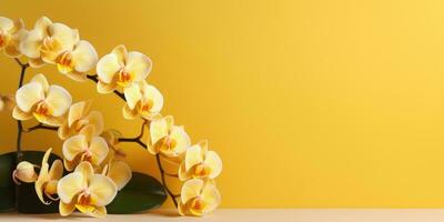 floração ramo do amarelo orquídea em uma amarelo fundo, espaço para texto ou produtos. generativo ai foto