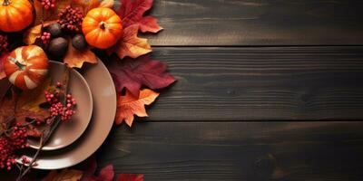 outono serviço em uma de madeira mesa, topo visualizar, dia das Bruxas tema. generativo ai foto