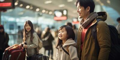 família dentro a aeroporto, período de férias e lazer. generativo ai foto