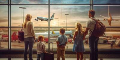 família dentro a aeroporto, período de férias e lazer. generativo ai foto