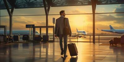 uma homem com uma mala de viagem às a aeroporto dentro a raios do pôr do sol. generativo ai foto