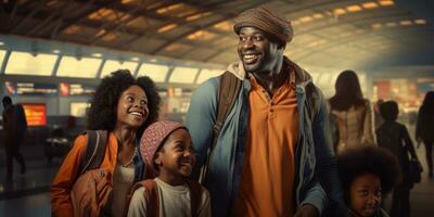 africano família às a aeroporto. viagem e período de férias. generativo ai foto