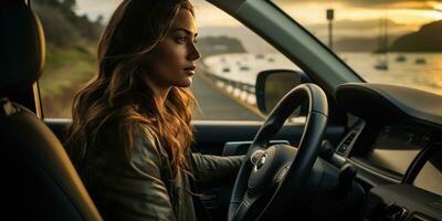 foto do positivo alegre menina desfrutando carro dirigindo. generativo ai