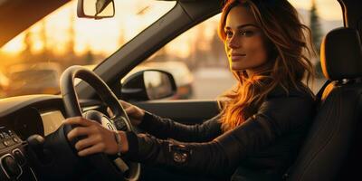 foto do positivo alegre menina desfrutando carro dirigindo. generativo ai