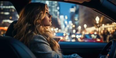 foto do positivo alegre menina desfrutando carro dirigindo. generativo ai