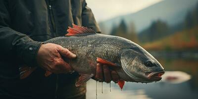 uma homem detém peixe dentro dele mãos em a fundo do uma lago. a tema do pescaria. generativo ai foto