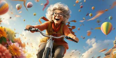 alegre e feliz avó passeios uma bicicleta. generativo ai foto