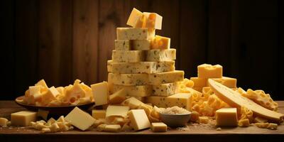 grande montanhas do fresco amarelo queijo. grande quantidade do diferente queijos. generativo ai foto