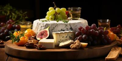 vários queijos e frutas em de madeira mesa, apetitoso lanches. generativo ai foto