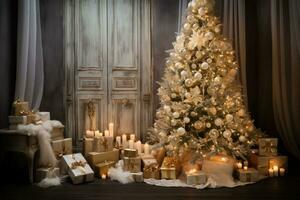 uma belas decorado Natal árvore com apresenta e velas foto