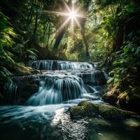 uma sereno cascata cercado de exuberante vegetação dentro uma mágico floresta foto