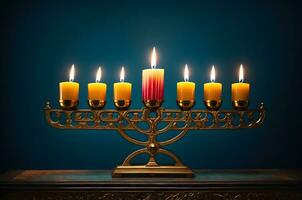 ai generativo menorah vela suporte com queimando velas, hanukkah símbolo fundo, bandeira com cópia de espaço texto foto