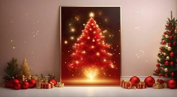 ai generativo Natal cartão projeto, Natal árvore e fogos de artifício fundo, Novo ano bandeira com cópia de espaço texto foto