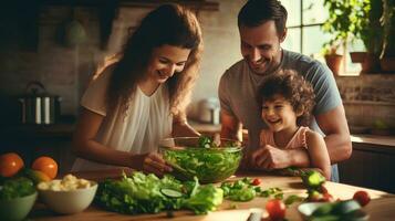 família, pai, mãe, filho alegremente fazer salada dentro a cozinha.criada de generativo ai foto