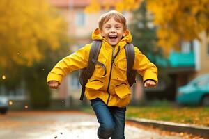 uma sorridente criança indo para escola em a primeiro dia depois de a feriados. a conceito do a fim do a feriados e a começar do a escola ano. ai gerado foto