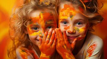 alegre sorrir Garoto e menina vestindo colorida face pintura às uma alegre festival.criar ai gerado foto