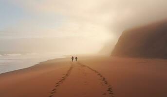 nebuloso panorama com silhuetas do pessoas caminhando ao longo a de praia. ai gerado foto