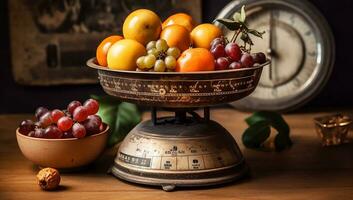 detalhe do rústico cozinha, ainda vida, com velho Comida escalas. ai gerado foto