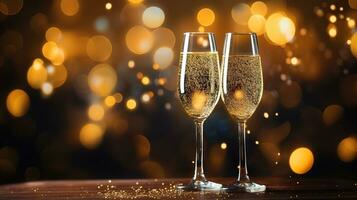 dois óculos do champanhe em uma Novo anos fundo. ai generativo foto