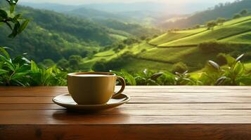 caloroso copo do chá e orgânico verde chá eaf em de madeira mesa. ai generativo foto