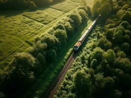 a aéreo Visão do uma trem passagem através uma exuberante campo generativo ai foto