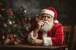 triste santa claus sentado em a fundo do uma Natal árvore generativo ai foto