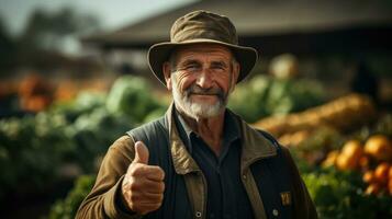 agricultor mostrando polegar acima dentro Fazenda ai gerado foto