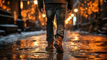 fechar acima bota homem caminhando dentro noite ai gerado foto