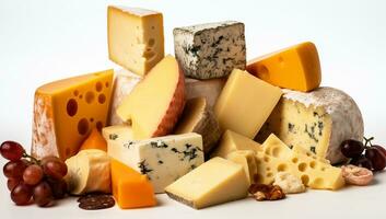 a a maioria variado tipos do queijos em branco fundo. ai generativo foto