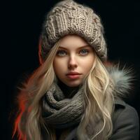 menina vestido calorosamente dentro uma de lã chapéu e lenço. inverno tempo. ai gerado foto