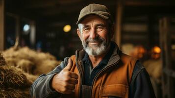 agricultor mostrando polegar acima dentro Fazenda ai gerado foto