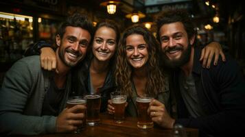 grupo do amigos com vidro do Cerveja dentro mão ai gerado foto