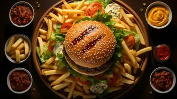 topo Visão hamburguer e fritas ai gerado foto