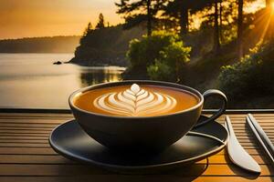 uma copo do café em uma mesa com uma Visão do a lago. gerado por IA foto