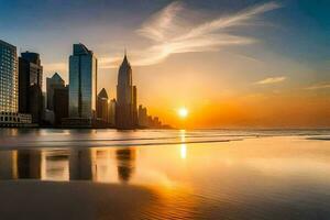 a Sol conjuntos sobre a cidade Horizonte dentro dubai. gerado por IA foto