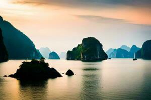 a Sol conjuntos sobre a água dentro Halong baía, Vietnã. gerado por IA foto