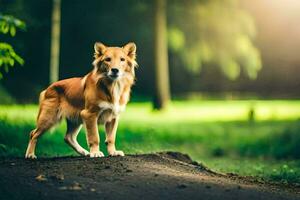 uma cachorro em pé em uma sujeira estrada dentro a floresta. gerado por IA foto