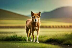 uma cachorro em pé dentro a Relva em uma campo. gerado por IA foto