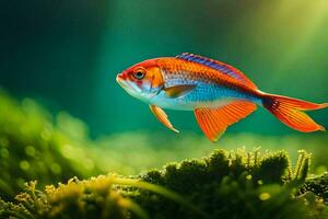 uma peixe natação dentro a água com verde grama. gerado por IA foto