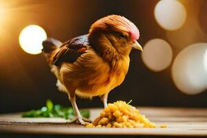 uma frango com uma vermelho cabeça em pé em topo do uma mesa. gerado por IA foto