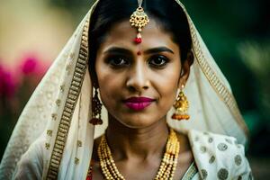 uma lindo indiano noiva vestindo tradicional jóias. gerado por IA foto