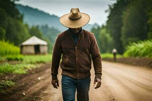 uma homem vestindo uma chapéu anda em baixa uma sujeira estrada. gerado por IA foto